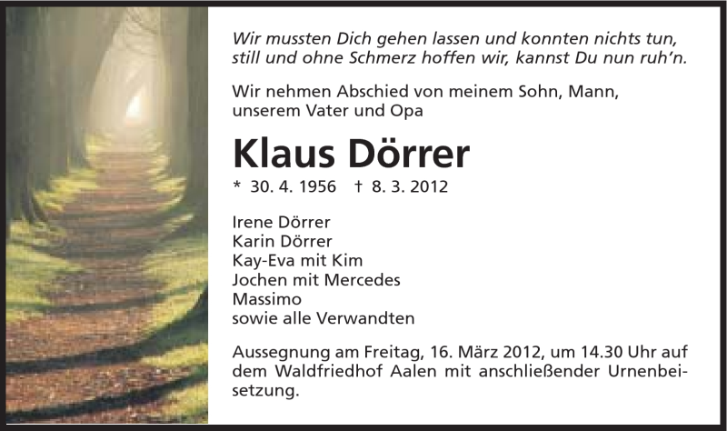  Traueranzeige für Klaus Dörrer vom 14.03.2012 aus Schwäbische Post