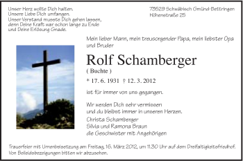 Traueranzeige von Rolf Schamberger von Gmünder Tagespost