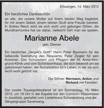 Traueranzeige von Marianne Abele von Schwäbische Post