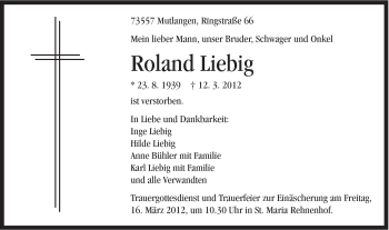 Traueranzeige von Roland Liebig von Gmünder Tagespost