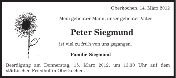 Traueranzeige von Peter Siegmund von Schwäbische Post