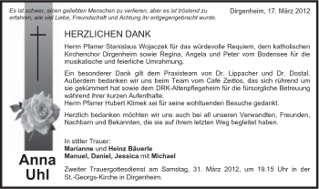 Traueranzeige von Anna Uhl von Schwäbische Post