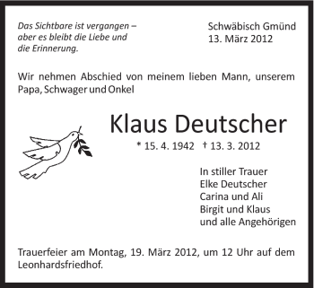 Traueranzeige von Klaus Deutscher von Gmünder Tagespost