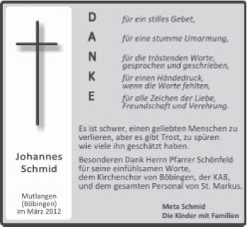 Traueranzeige von Johannes Schmid von Gmünder Tagespost