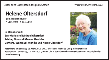 Traueranzeige von Helene Oltersdorf von Schwäbische Post