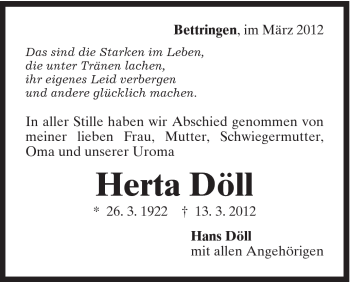 Traueranzeige von Herta Döll von Gmünder Tagespost