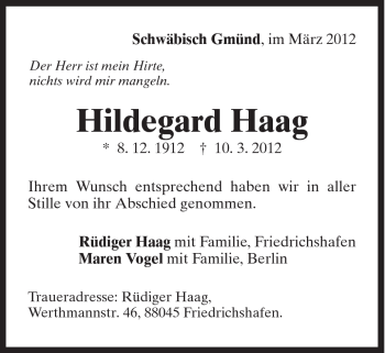 Traueranzeige von Hildegard Haag von Gmünder Tagespost
