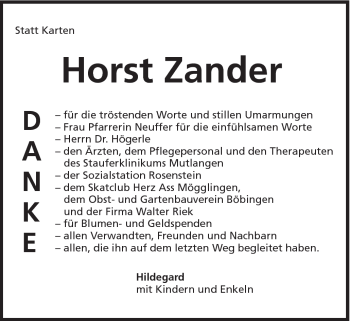 Traueranzeige von Horst Zander von Gmünder Tagespost