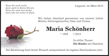 Traueranzeige von Maria Schönherr von Schwäbische Post