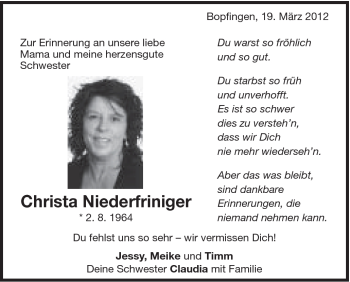 Traueranzeige von Christa Niederfringer von Schwäbische Post