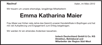 Traueranzeige von Emma Katharina Maier von Schwäbische Post