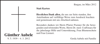 Traueranzeige von Günther Aubele von Gmünder Tagespost