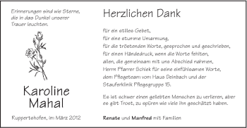 Traueranzeige von Karoline Mahal von Gmünder Tagespost