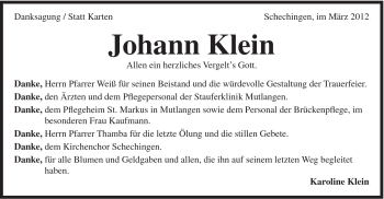Traueranzeige von Johann Klein von Gmünder Tagespost