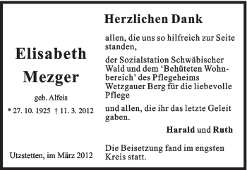 Traueranzeige von Elisabeth Mezger von Gmünder Tagespost