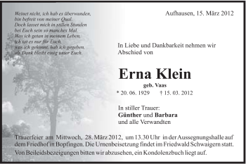 Traueranzeige von Erna Klein von Schwäbische Post