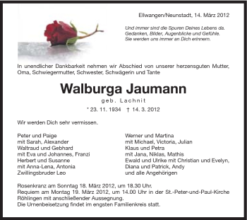 Traueranzeige von Walburga Jaumann von Schwäbische Post