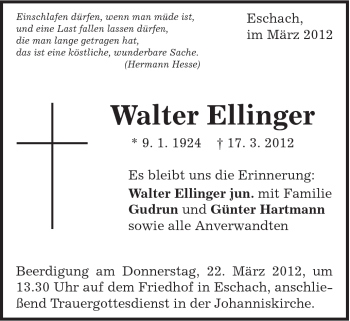 Traueranzeige von Walter Ellinger von Gmünder Tagespost