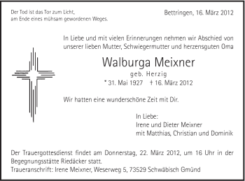Traueranzeige von Walburga Meixner von Gmünder Tagespost