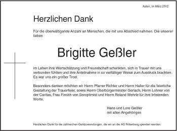 Traueranzeige von Brigitte Geßler von Schwäbische Post