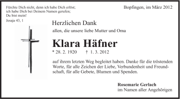 Traueranzeige von Klara Häfner von Schwäbische Post
