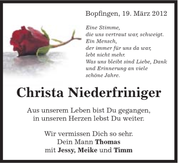 Traueranzeige von Christa Niederfriniger von Schwäbische Post