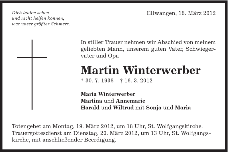  Traueranzeige für Martin Winterwerber vom 19.03.2012 aus Schwäbische Post