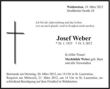 Traueranzeige von Josef Weber von Gmünder Tagespost