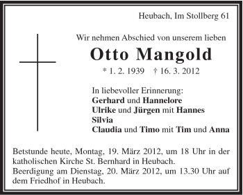 Traueranzeige von Otto Mangold von Gmünder Tagespost