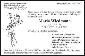 Traueranzeige von Maria Wiedmann von Gmünder Tagespost
