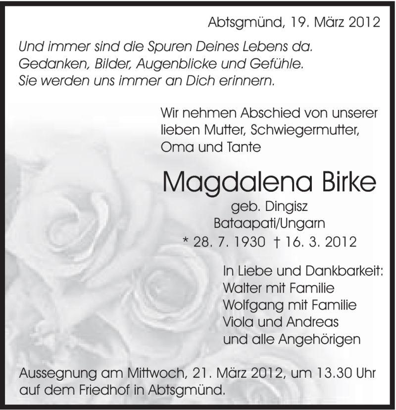 Traueranzeige für Magdalena Birke vom 19.03.2012 aus Schwäbische Post