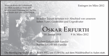 Traueranzeige von Erfuth Oskar von Schwäbische Post