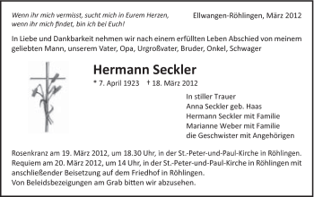 Traueranzeige von Hermann Seckler von Schwäbische Post