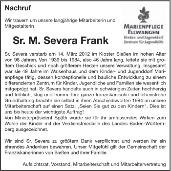 Traueranzeige von Sr. M Severa Frank von Schwäbische Post