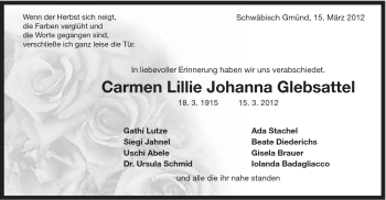 Traueranzeige von Carmen Glebsattel von Gmünder Tagespost