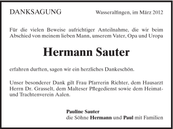 Traueranzeige von Hermann Sauter von Schwäbische Post