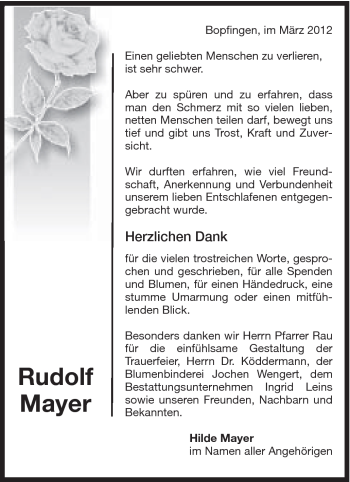 Traueranzeige von Rudolf Mayer von Schwäbische Post