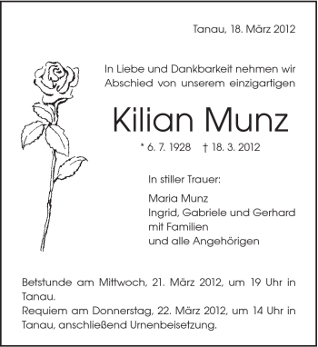 Traueranzeige von Kilian Munz von Gmünder Tagespost