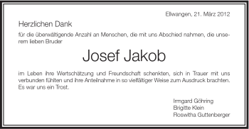 Traueranzeige von Josef Jakob von Schwäbische Post