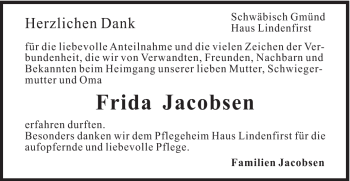 Traueranzeige von Frida Jacobsen von Gmünder Tagespost