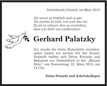 Traueranzeige von Gerhard Balatzki von Gmünder Tagespost