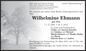 Traueranzeige von Wilhelmine Ehmann von Gmünder Tagespost