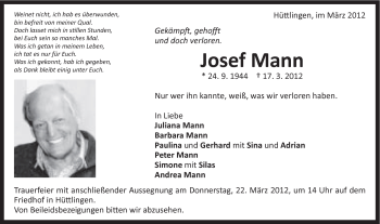 Traueranzeige von Josef Mann von Schwäbische Post