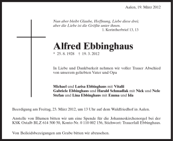 Traueranzeige von Ebbinghaus Alfred von Schwäbische Post