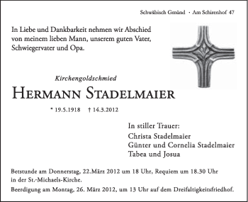 Traueranzeige von Hermann Stadelmaier von Gmünder Tagespost
