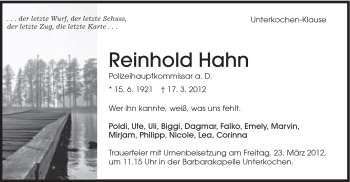 Traueranzeige von Reinhold Hahn von Schwäbische Post