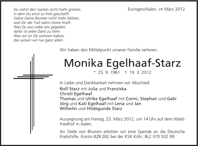 Traueranzeige für Monika Egelhaaf-Starz vom 21.03.2012 aus Schwäbische Post