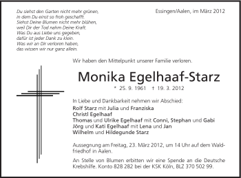 Traueranzeige von Monika Egelhaaf-Starz von Schwäbische Post