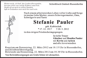 Traueranzeige von Stefanie Pauler von Gmünder Tagespost