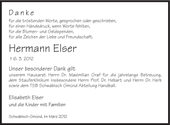 Traueranzeige von Hermann Elser von Gmünder Tagespost